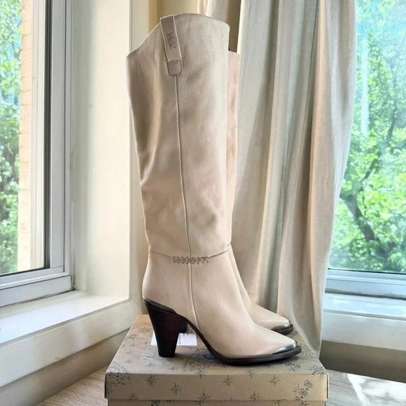 Free People Shoes - New Free People Stevie Boot Western Tall Leather Shoes Heeled Cream Steel Toe